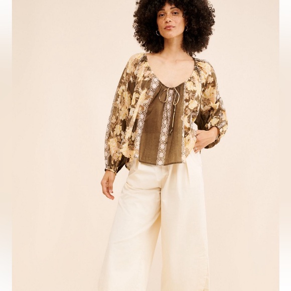 FREE PEOPLE NEW Elena printed billowy top -brown -medium - Picture 2 of 6